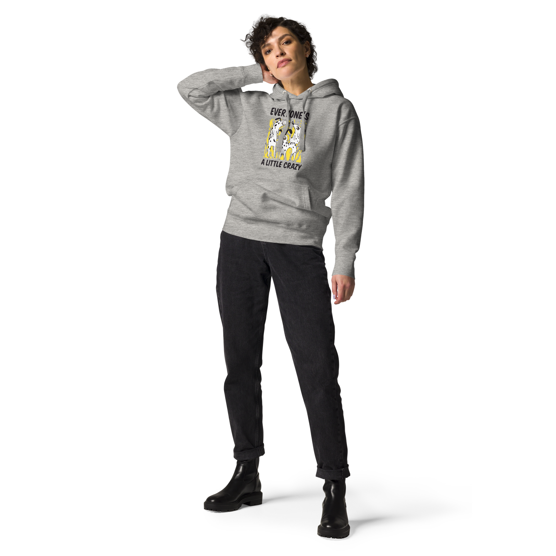 Woman wearing a Carbon Grey Premium Dog Hoodie featuring a Everyone's A Little Crazy graphic on the chest - Funny Graphic Dog Hoodies - Boozy Fox