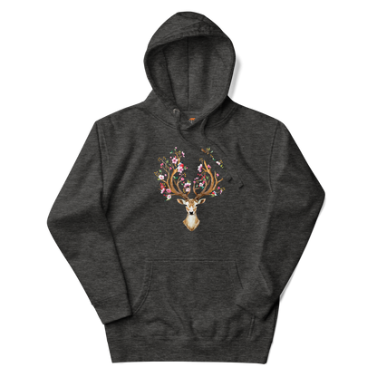 Charcoal Heather Premium Floral Red Deer Hoodie featuring a captivating Floral Red Deer graphic on the chest - Cute Graphic Deer Hoodies - Boozy Fox