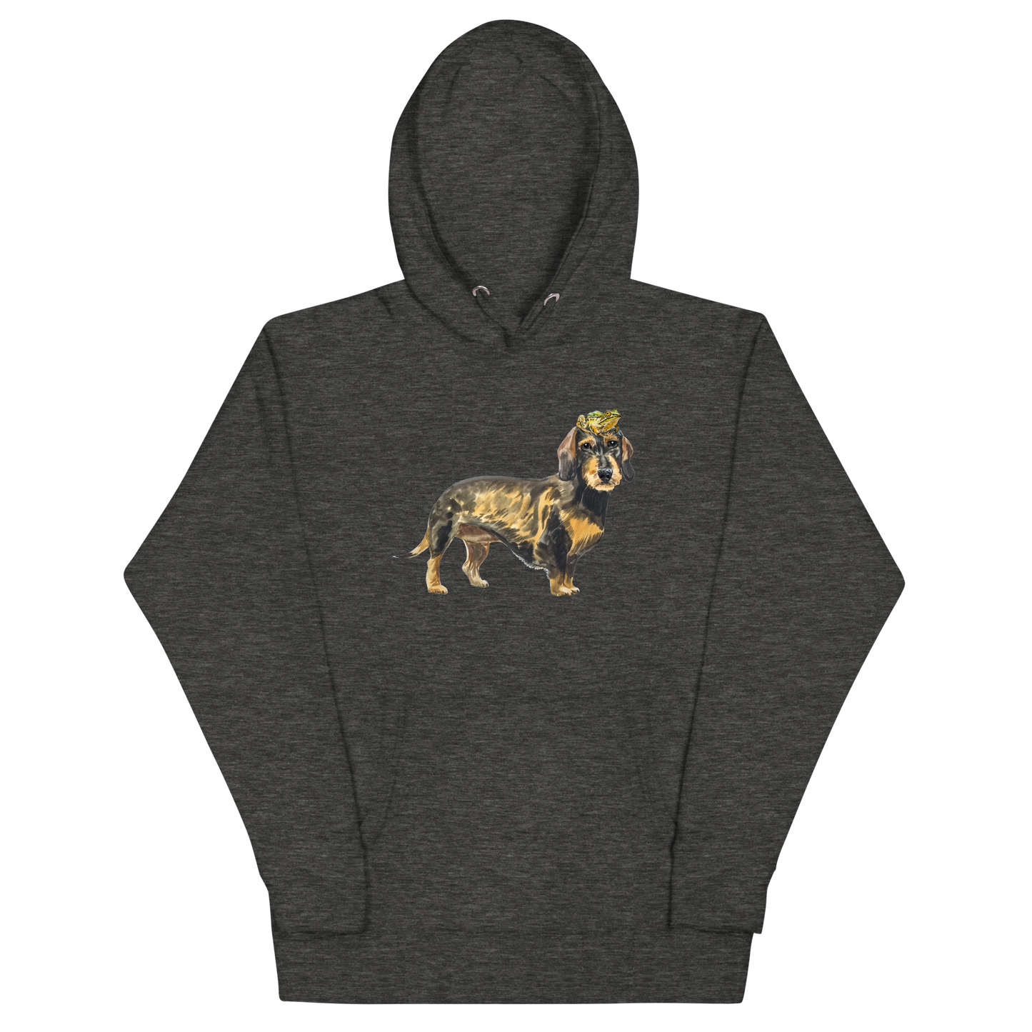 Charcoal Heather Premium Dachshund Hoodie featuring an adorable Frog on a Dachshund's Head graphic on the chest - Cute Graphic Dachshund Hoodies - Boozy Fox