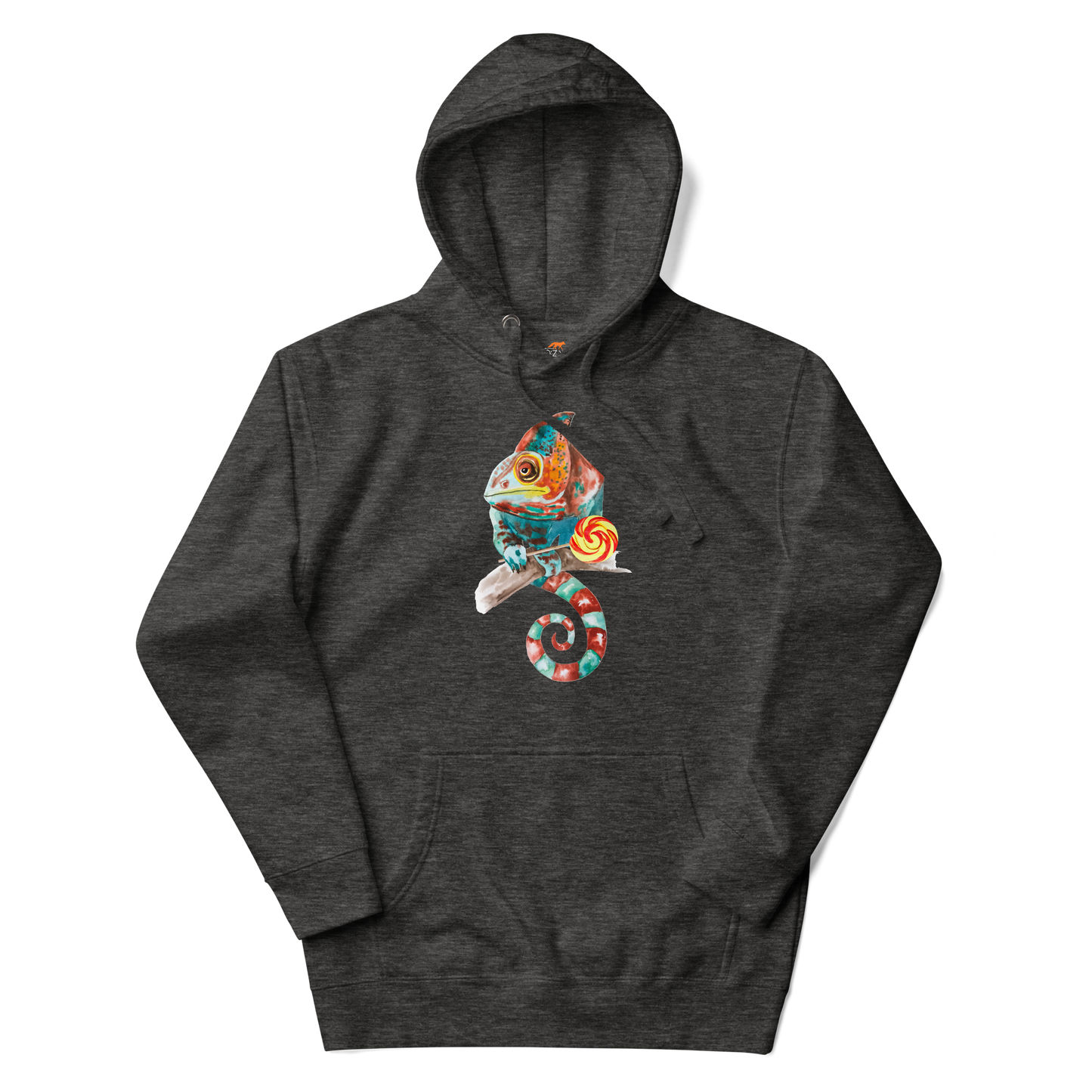 Charcoal Heather Premium Chameleon Hoodie featuring a vibrant Chameleon With A Lollipop graphic on the chest - Cool Graphic Chameleon Hoodies - Boozy Fox