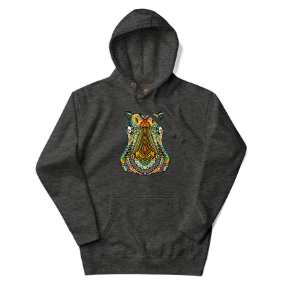 Charcoal Heather Premium Hippo Hoodie featuring a vibrant Zentangle Hippo graphic on the chest - Cool Graphic Hippo Hoodies - Boozy Fox
