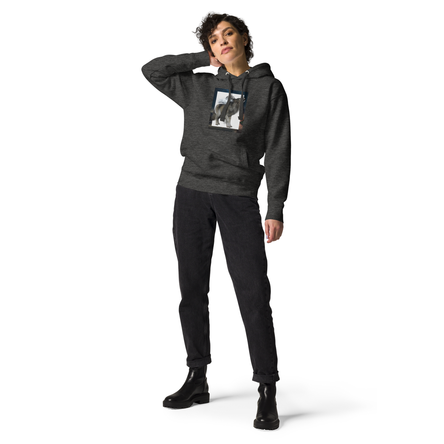 Woman wearing a Charcoal Heather Premium Hoodie - Boozy Fox