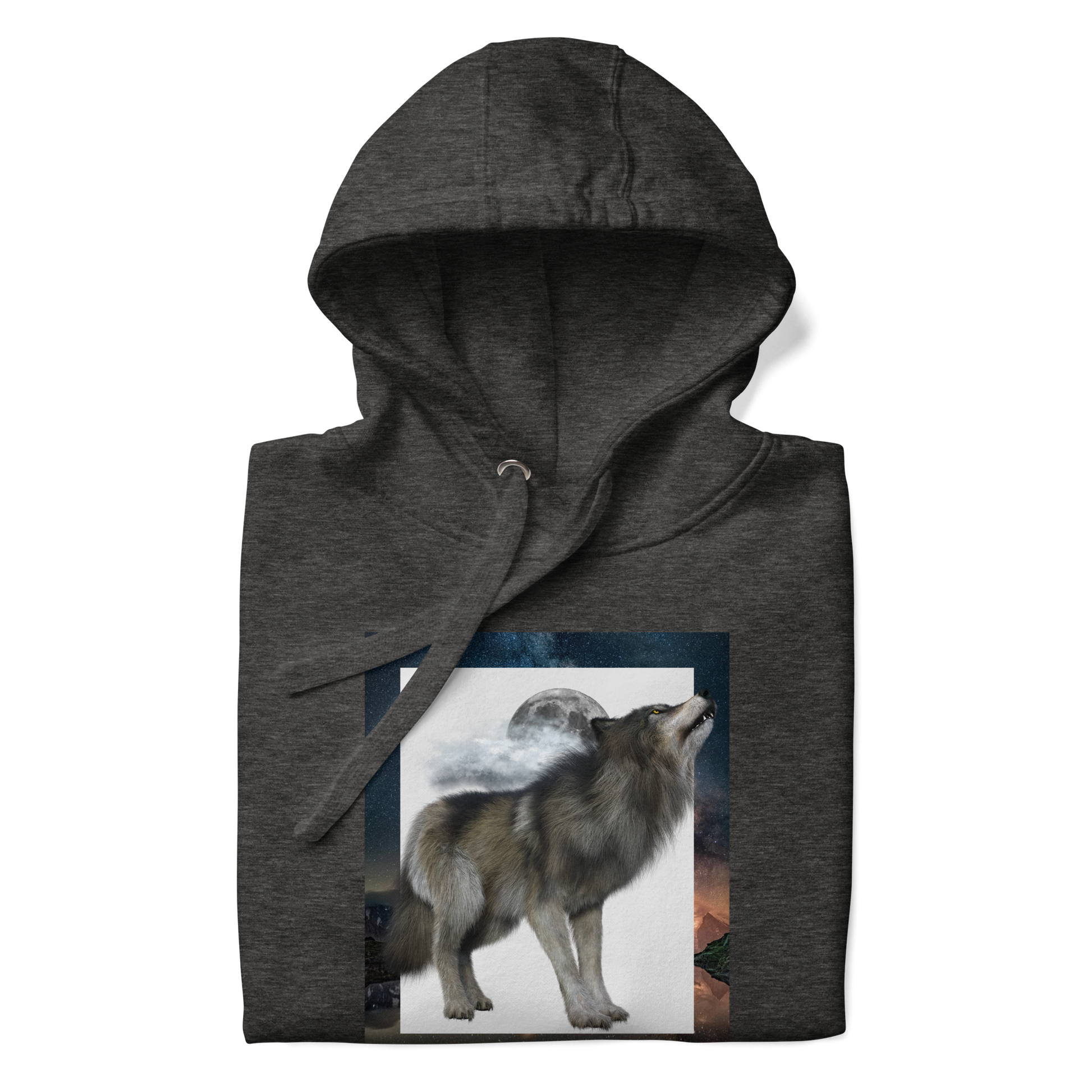 Front details of a Charcoal Heather Wolf Premium Hoodie - Boozy Fox