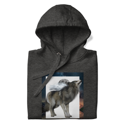 Front details of a Charcoal Heather Wolf Premium Hoodie - Boozy Fox