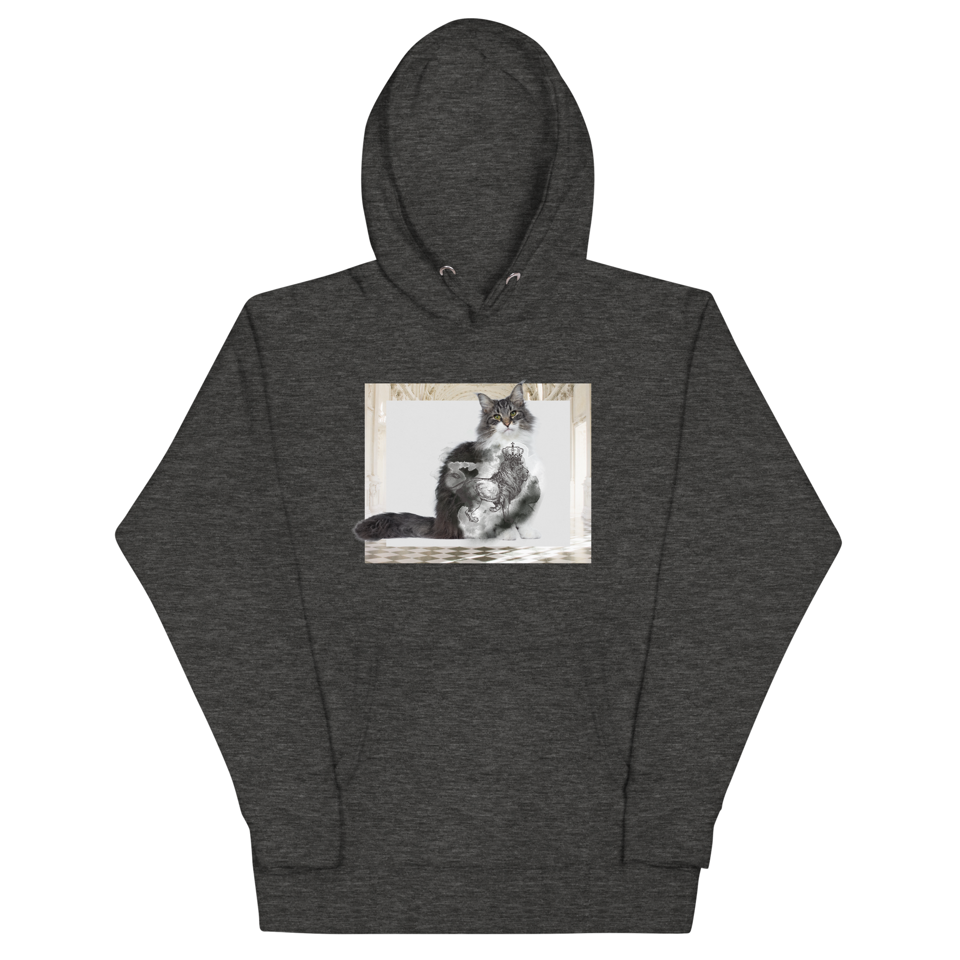 Charcoal Heather Premium Cat Hoodie featuring a majestic Royal Cat graphic on the chest - Cool Graphic Cat Hoodies - Boozy Fox