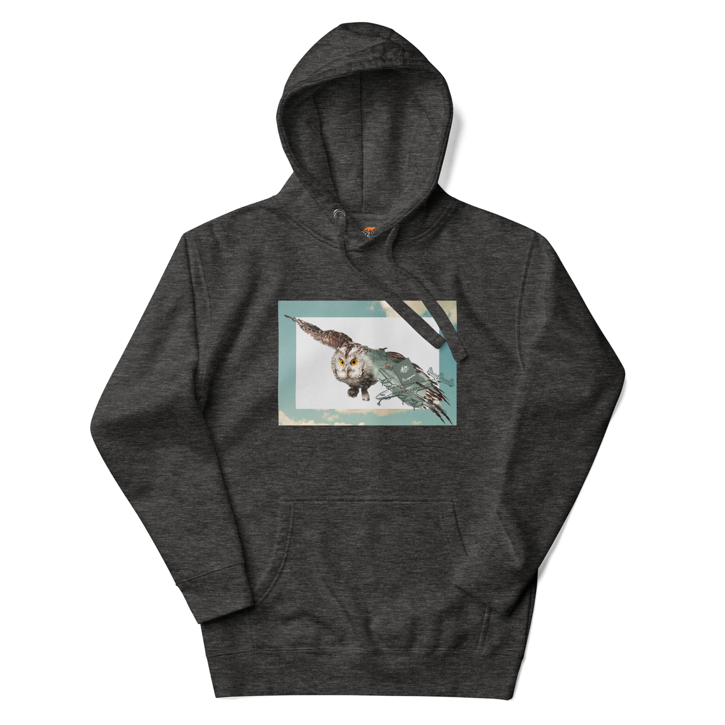 Charcoal Heather Premium Owl Hoodie featuring a cool Flying Owl graphic on the chest - Cool Graphic Owl Hoodies - Boozy Fox