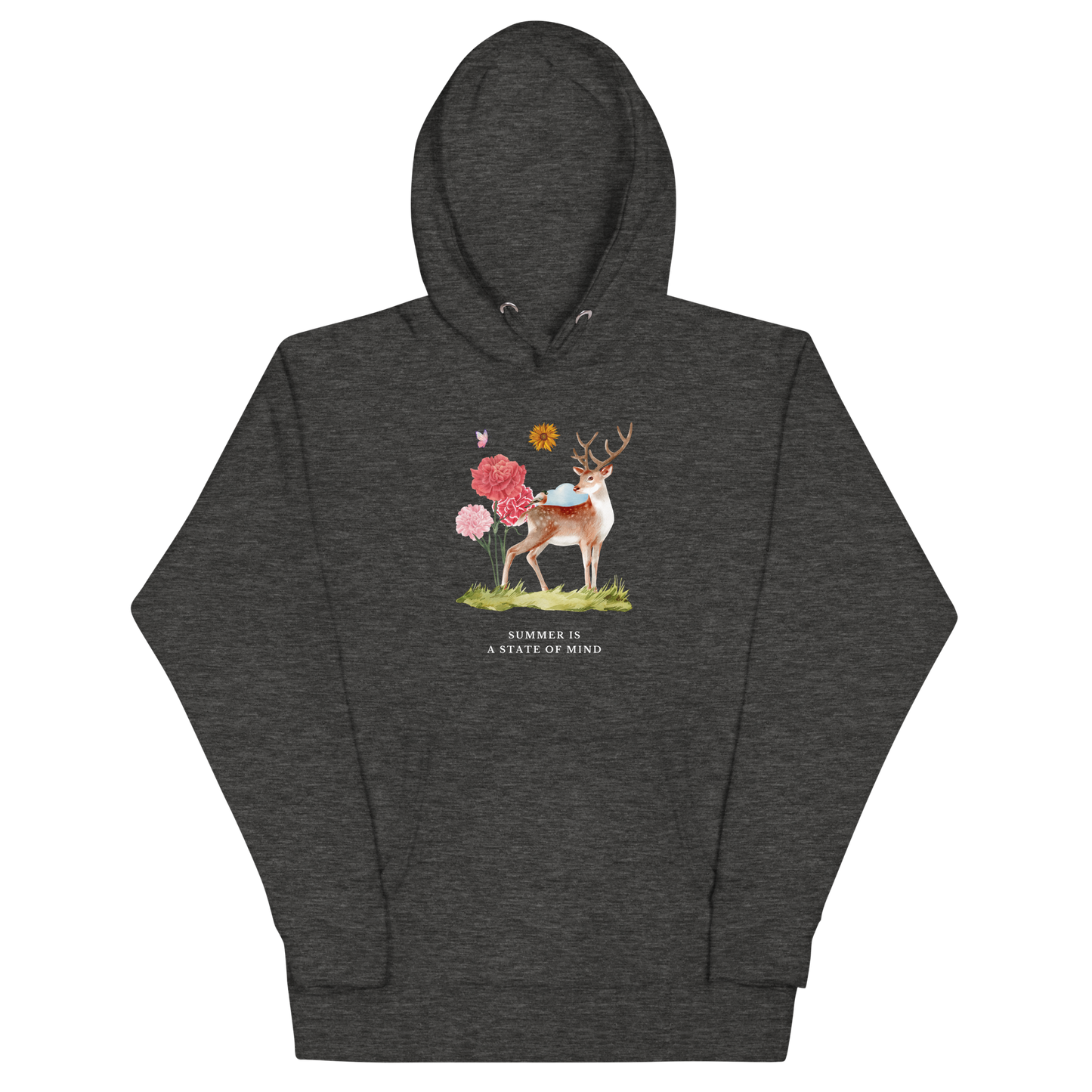 Charcoal Heather Premium Summer Is a State of Mind Hoodie showcasing a Summer Is a State of Mind graphic on the chest - Cute Graphic Summer Hoodies - Boozy Fox
