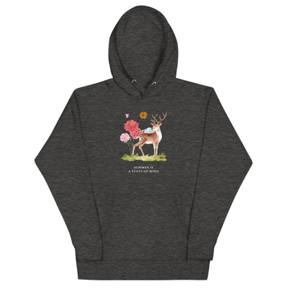 Charcoal Heather Premium Summer Is a State of Mind Hoodie showcasing a Summer Is a State of Mind graphic on the chest - Cute Graphic Summer Hoodies - Boozy Fox