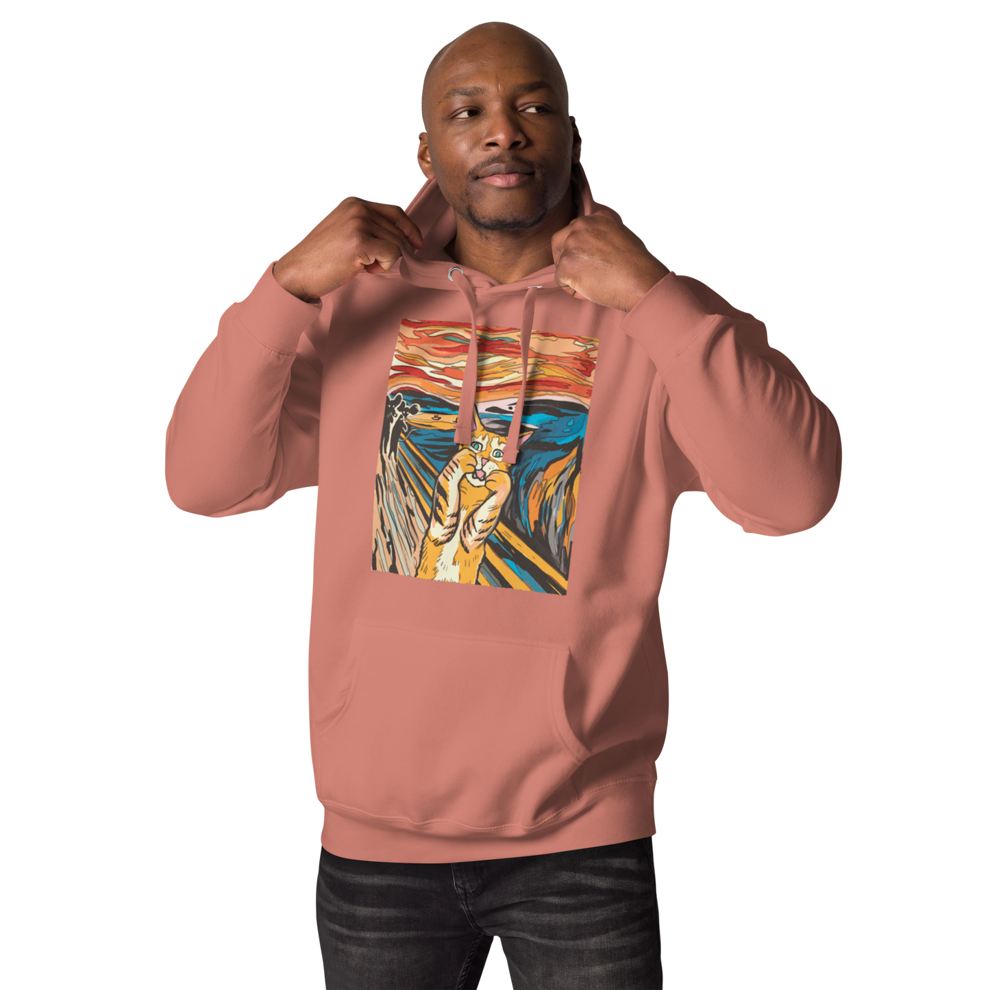 Man wearing a Dusty Rose The Screaming Cat Premium Hoodie - Boozy Fox