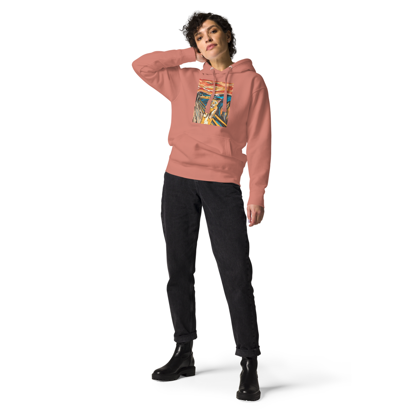 Woman wearing a Dusty Rose The Screaming Cat Premium Hoodie - Boozy Fox