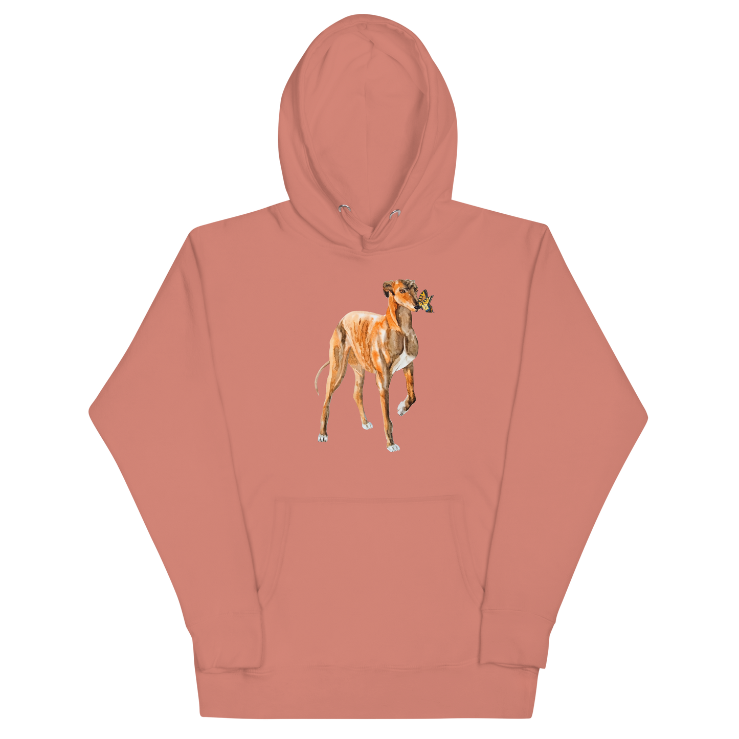 Dusty Rose Premium Greyhound Hoodie featuring an adorable Greyhound And Butterfly graphic on the chest - Cute Graphic Greyhound Hoodies - Boozy Fox