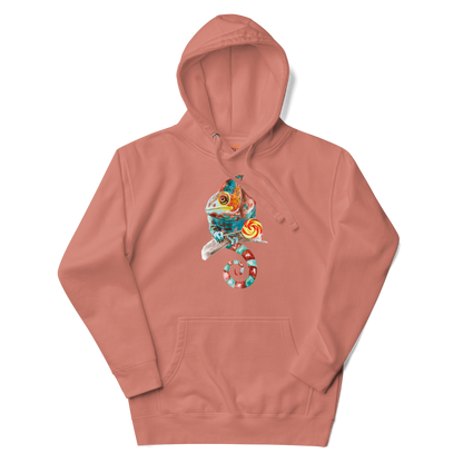 Dusty Rose Premium Chameleon Hoodie featuring a vibrant Chameleon With A Lollipop graphic on the chest - Cool Graphic Chameleon Hoodies - Boozy Fox