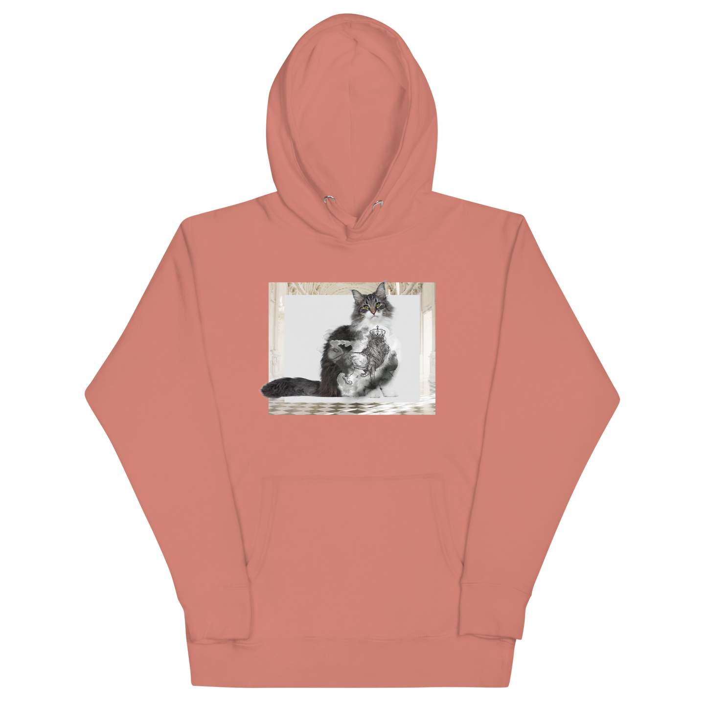 Dusty Rose Premium Cat Hoodie featuring a majestic Royal Cat graphic on the chest - Cool Graphic Cat Hoodies - Boozy Fox