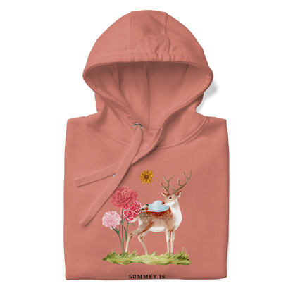 Front details of a Dusty Rose Premium Summer Is a State of Mind Hoodie showcasing a Summer Is a State of Mind graphic on the chest - Cute Graphic Summer Hoodies - Boozy Fox