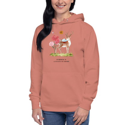 Woman wearing a Dusty Rose Premium Summer Is a State of Mind Hoodie showcasing a Summer Is a State of Mind graphic on the chest - Cute Graphic Summer Hoodies - Boozy Fox