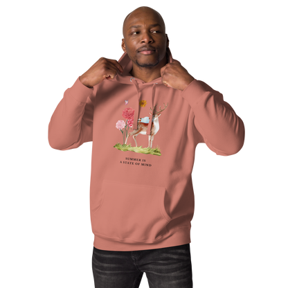 Man wearing a Dusty Rose Premium Summer Is a State of Mind Hoodie showcasing a Summer Is a State of Mind graphic on the chest - Cute Graphic Summer Hoodies - Boozy Fox