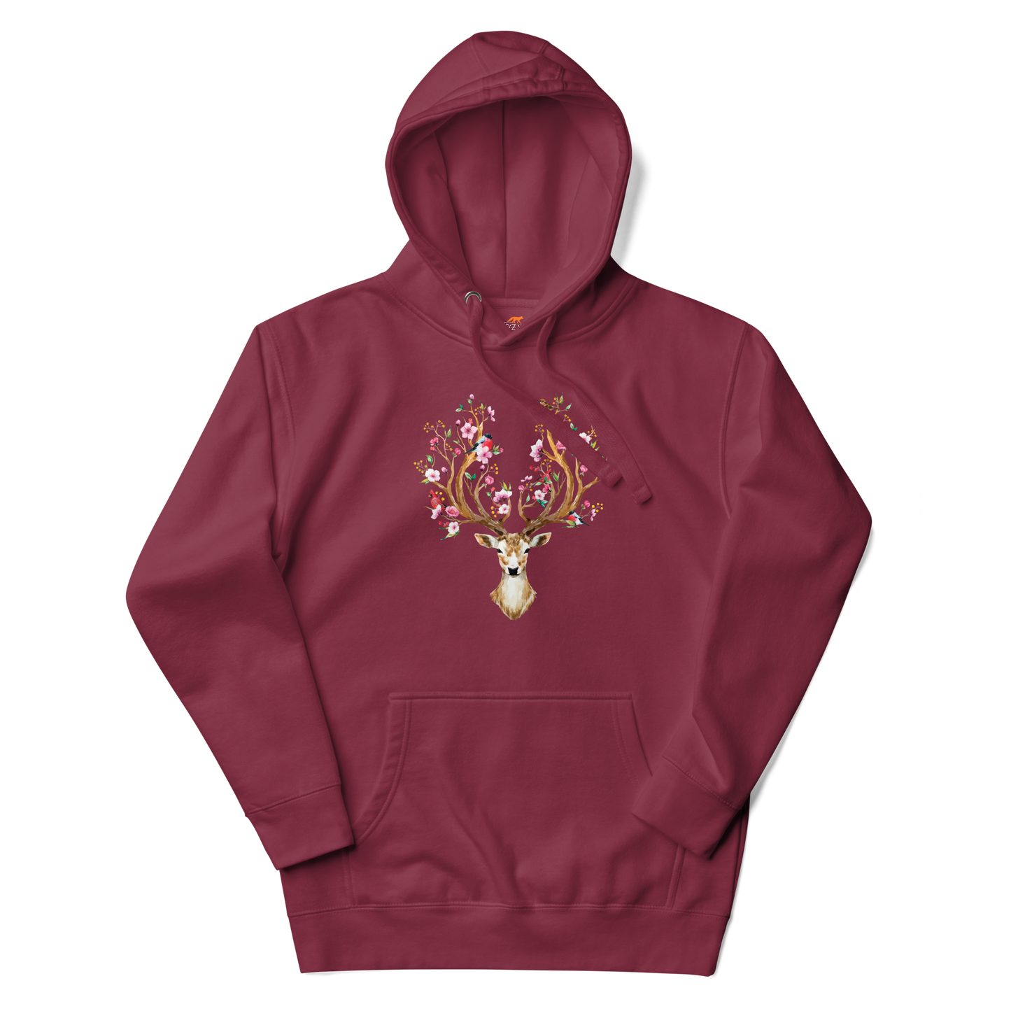 Maroon Premium Floral Red Deer Hoodie featuring a captivating Floral Red Deer graphic on the chest - Cute Graphic Deer Hoodies - Boozy Fox