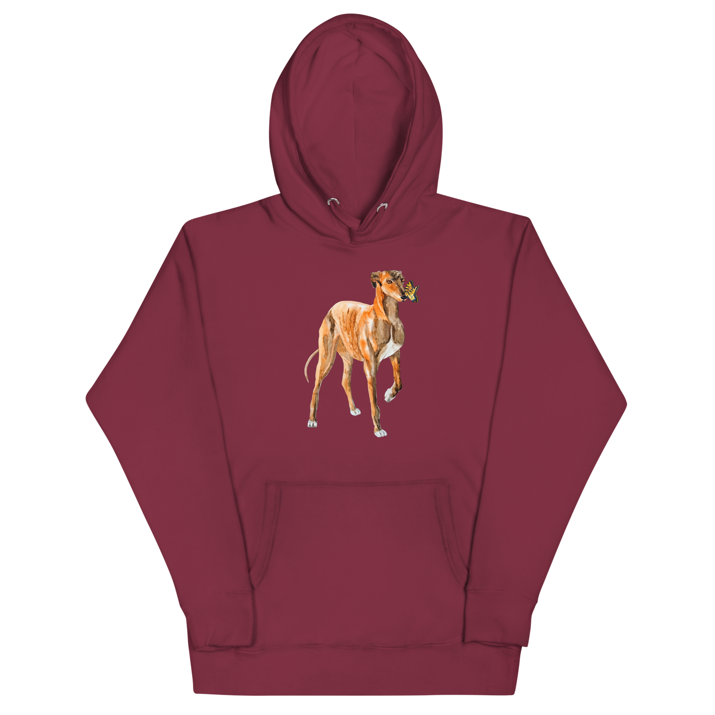 Maroon Premium Greyhound Hoodie featuring an adorable Greyhound And Butterfly graphic on the chest - Cute Graphic Greyhound Hoodies - Boozy Fox