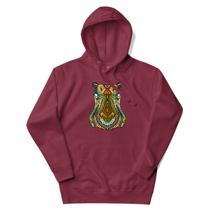Maroon Premium Hippo Hoodie featuring a vibrant Zentangle Hippo graphic on the chest - Cool Graphic Hippo Hoodies - Boozy Fox