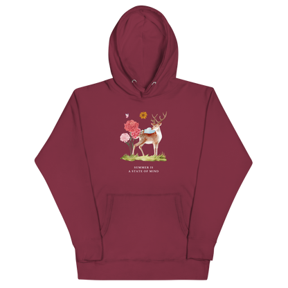 Maroon Premium Summer Is a State of Mind Hoodie showcasing a Summer Is a State of Mind graphic on the chest - Cute Graphic Summer Hoodies - Boozy Fox