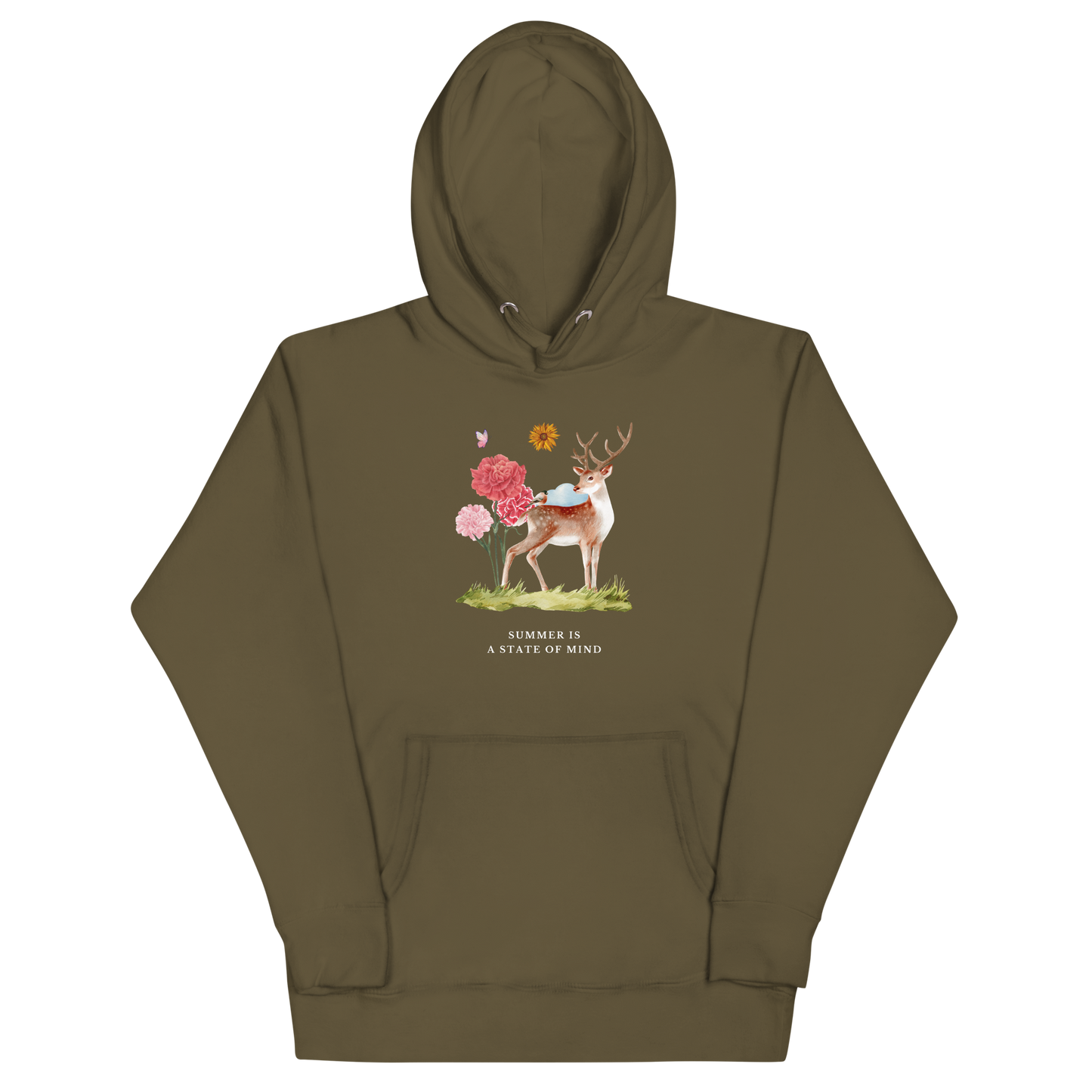 Military Green Premium Summer Is a State of Mind Hoodie showcasing a Summer Is a State of Mind graphic on the chest - Cute Graphic Summer Hoodies - Boozy Fox