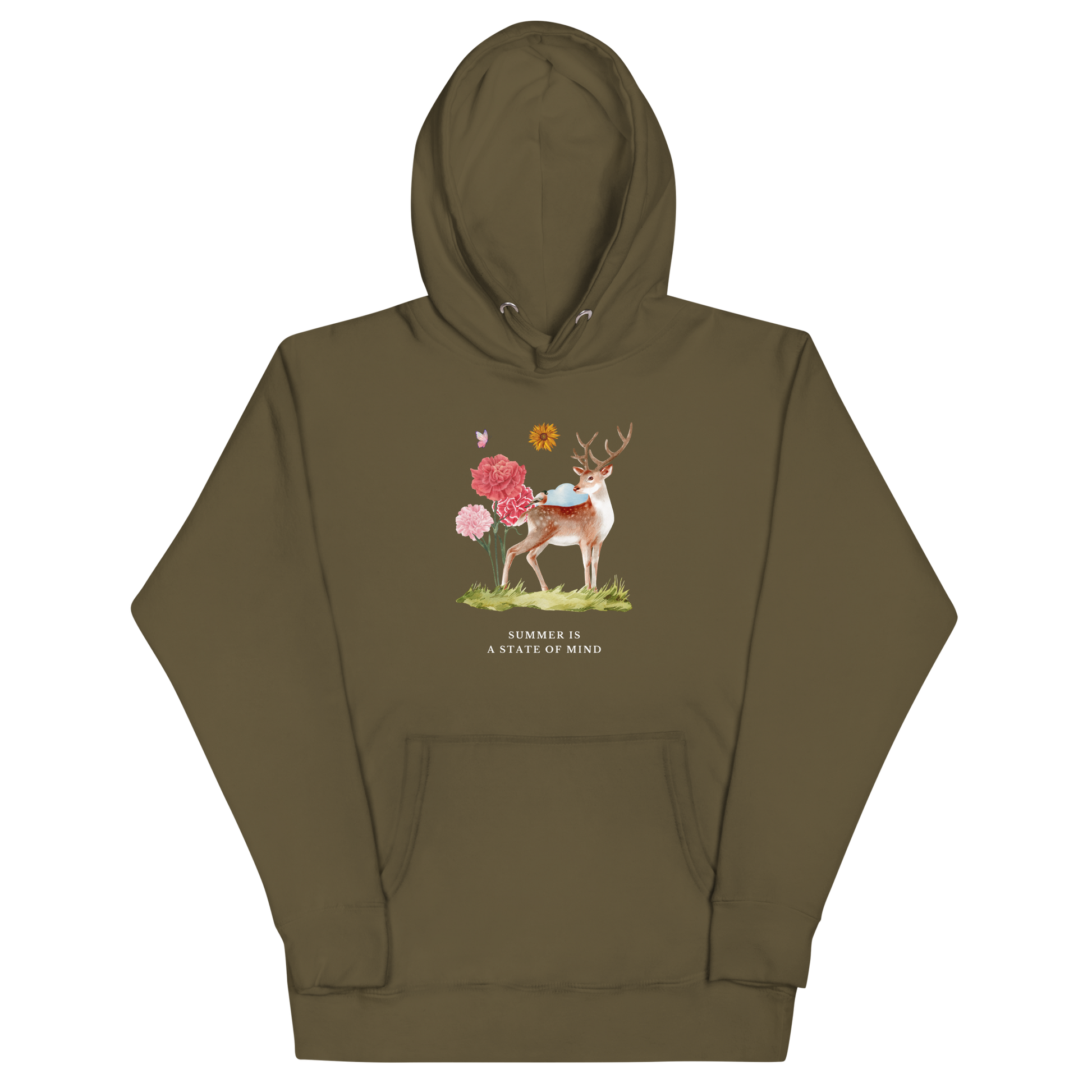 Military Green Premium Summer Is a State of Mind Hoodie showcasing a Summer Is a State of Mind graphic on the chest - Cute Graphic Summer Hoodies - Boozy Fox