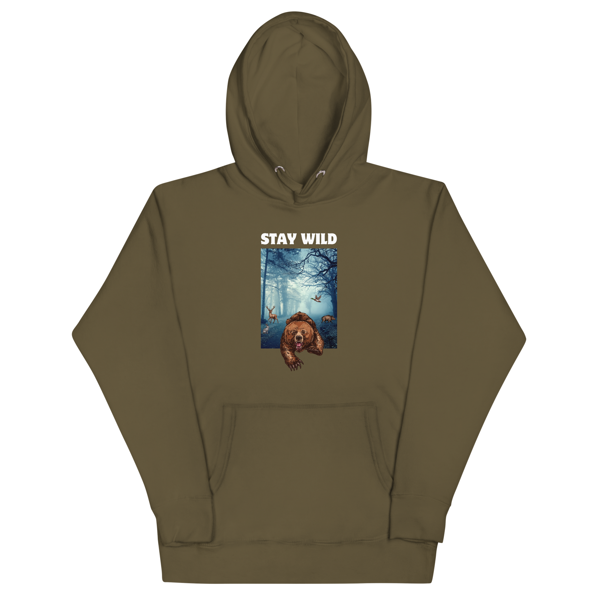 Military Green Premium Bear Hoodie featuring a Stay Wild graphic on the chest - Cool Graphic Bear Hoodies - Boozy Fox