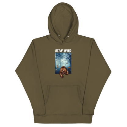 Military Green Premium Bear Hoodie featuring a Stay Wild graphic on the chest - Cool Graphic Bear Hoodies - Boozy Fox