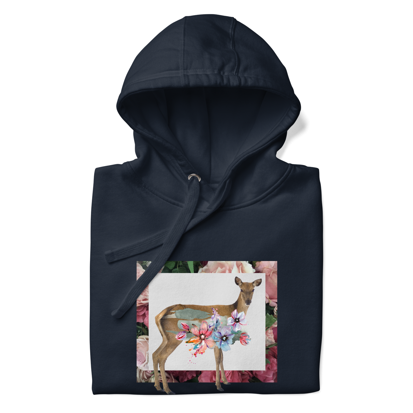 Front details of a Navy Blazer Premium Floral Deer Hoodie featuring an enchanting Floral Deer graphic on the chest - Cute Graphic Deer Hoodies - Boozy Fox