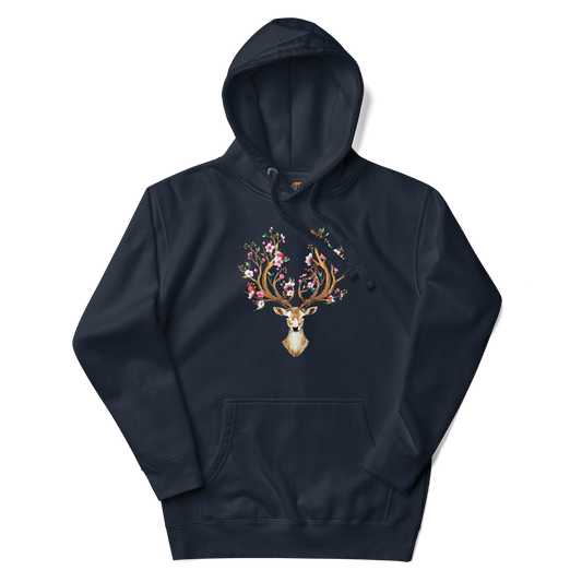 Navy Blazer Premium Floral Red Deer Hoodie featuring a captivating Floral Red Deer graphic on the chest - Cute Graphic Deer Hoodies - Boozy Fox