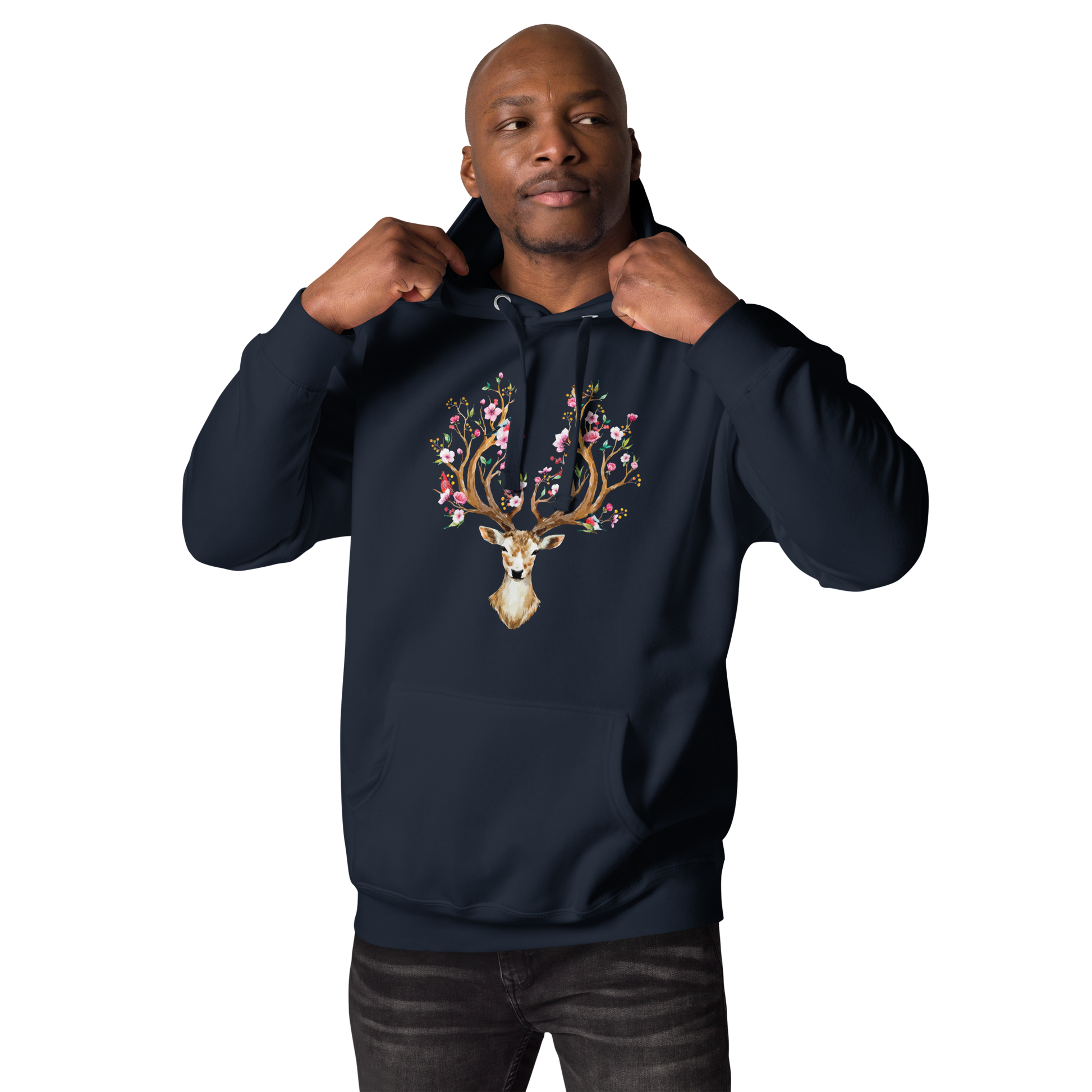 Man wearing a Navy Blazer Premium Floral Red Deer Hoodie featuring a captivating Floral Red Deer graphic on the chest - Cute Graphic Deer Hoodies - Boozy Fox