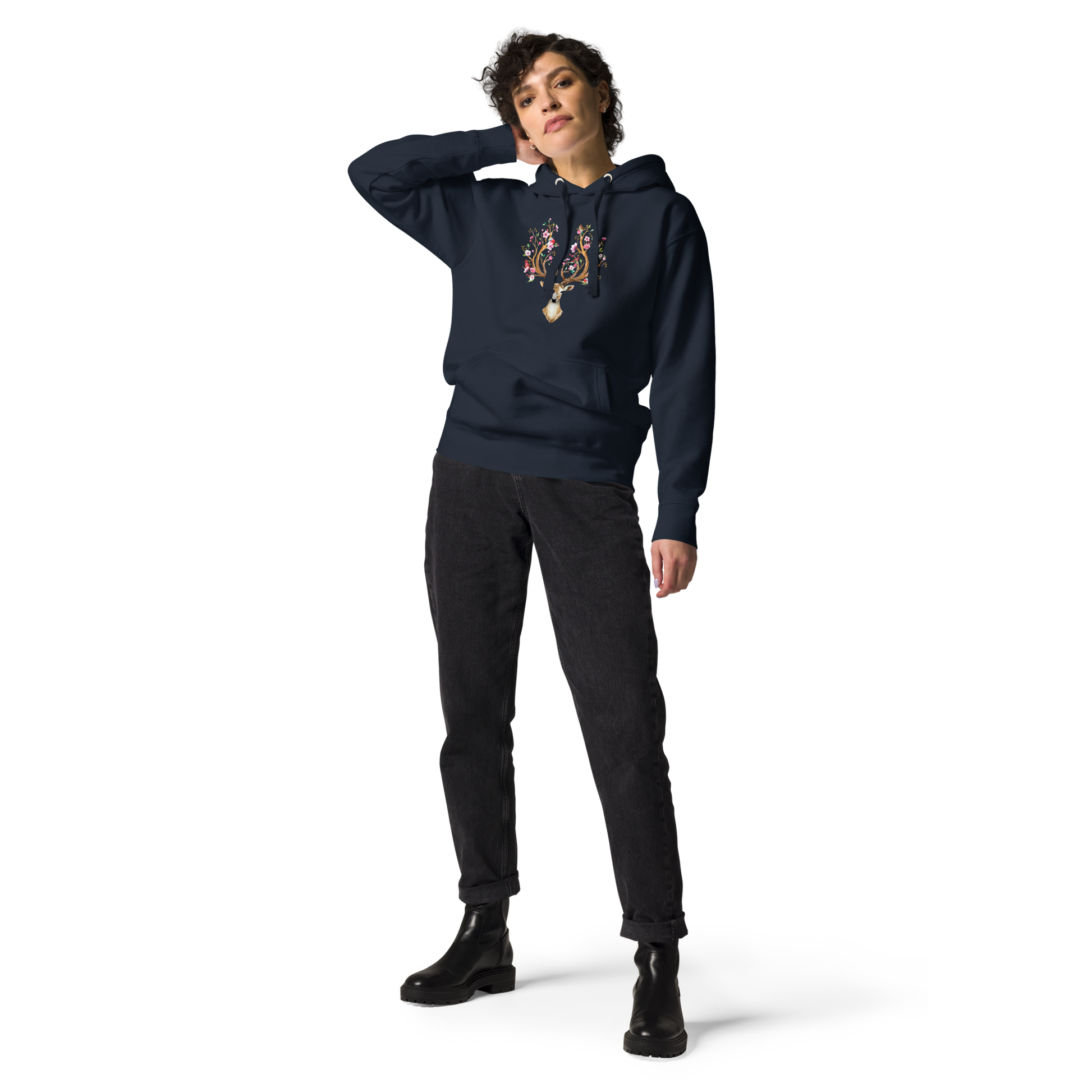Smiling woman wearing a Navy Blazer Premium Floral Red Deer Hoodie featuring a captivating Floral Red Deer graphic on the chest - Cute Graphic Deer Hoodies - Boozy Fox