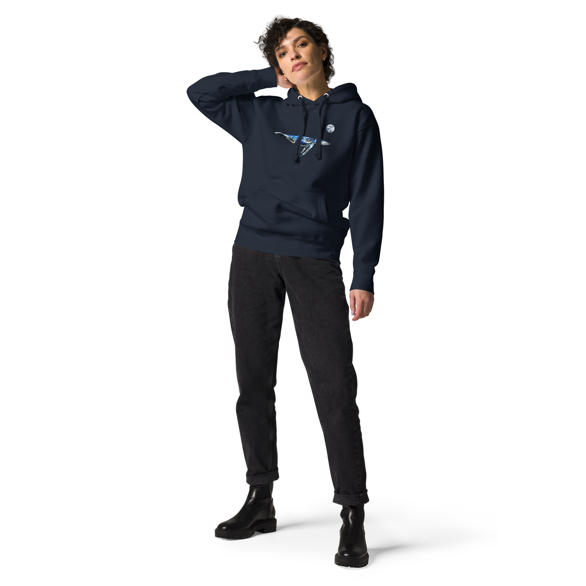 Woman wearing a Navy Blazer Whale Premium Hoodie - Boozy Fox