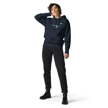 Woman wearing a Navy Blazer Whale Premium Hoodie - Boozy Fox