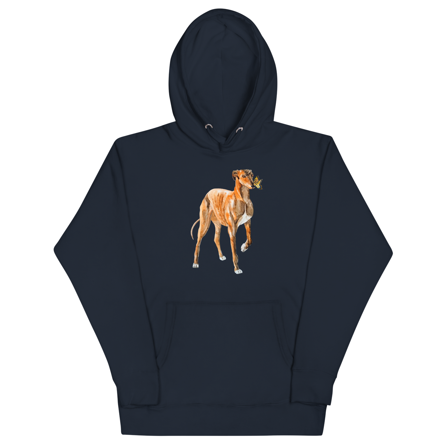 Navy Blazer Premium Greyhound Hoodie featuring an adorable Greyhound And Butterfly graphic on the chest - Cute Graphic Greyhound Hoodies - Boozy Fox