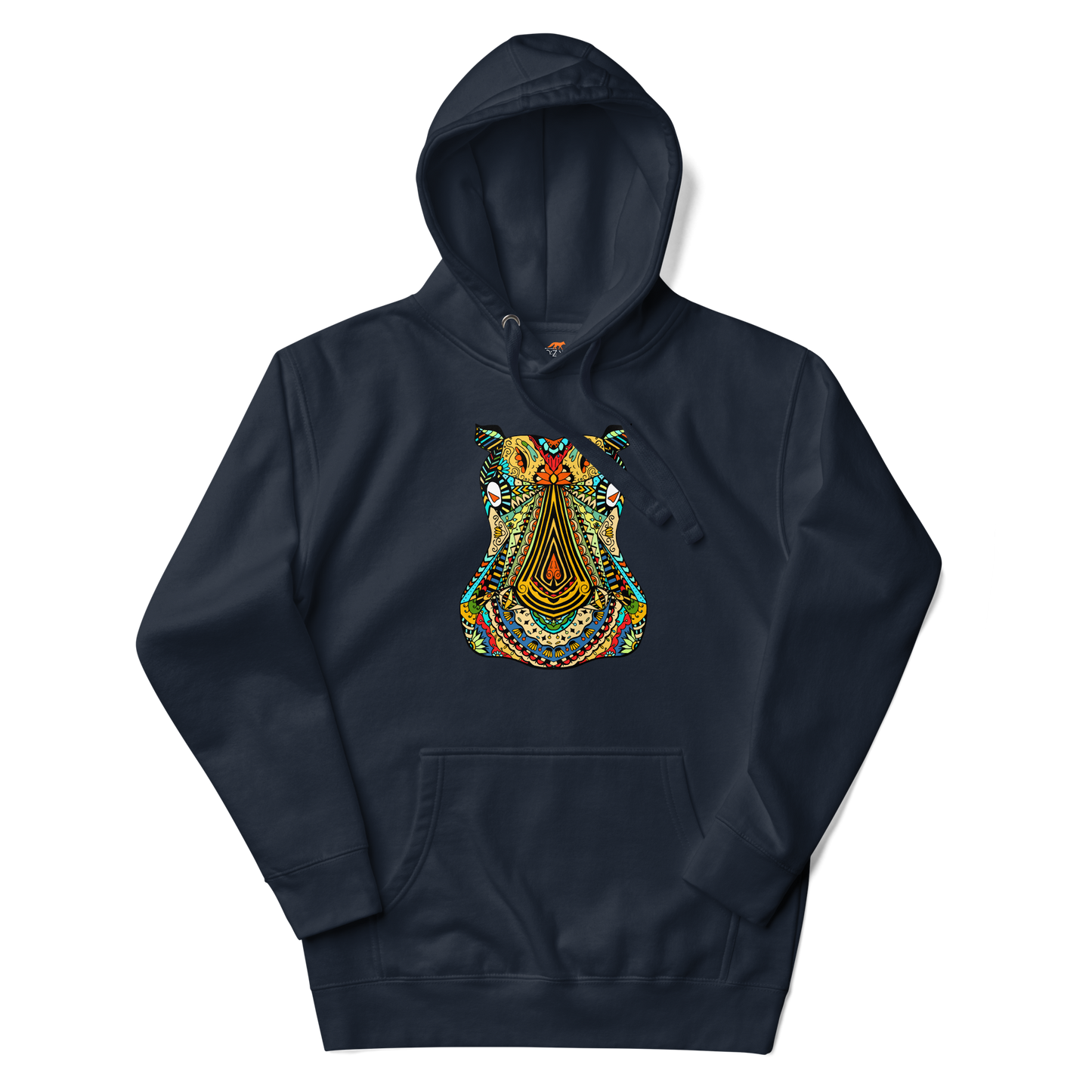 Navy Blazer Premium Hippo Hoodie featuring a vibrant Zentangle Hippo graphic on the chest - Cool Graphic Hippo Hoodies - Boozy Fox