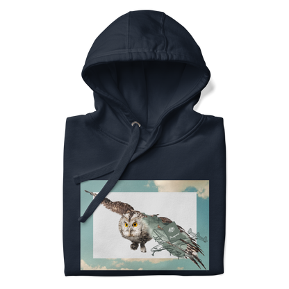 Front details of a Navy Blazer Premium Owl Hoodie featuring a cool Flying Owl graphic on the chest - Cool Graphic Owl Hoodies - Boozy Fox