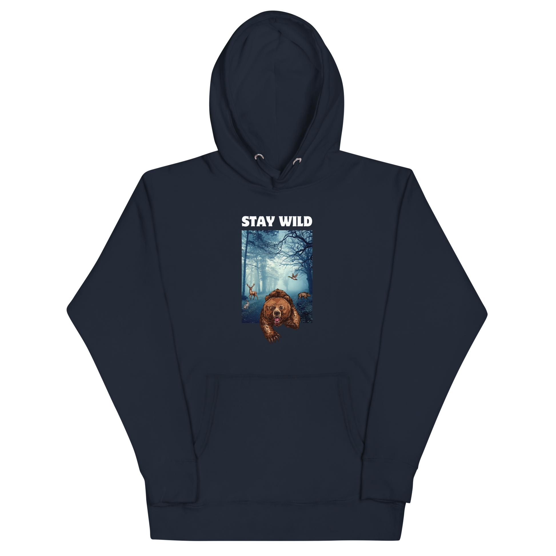 Navy Blazer Premium Bear Hoodie featuring a Stay Wild graphic on the chest - Cool Graphic Bear Hoodies - Boozy Fox