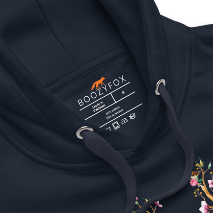 Product details of a Navy Blazer Premium Floral Red Deer Hoodie featuring a captivating Floral Red Deer graphic on the chest - Cute Graphic Deer Hoodies - Boozy Fox