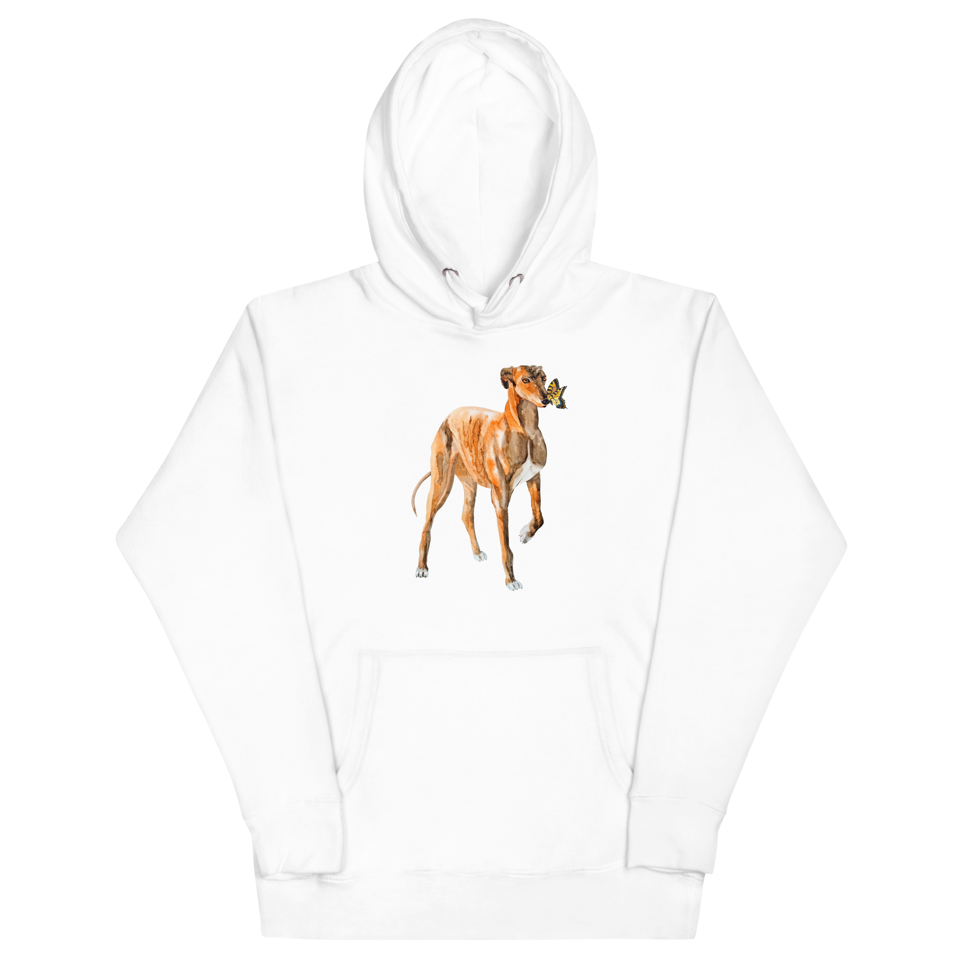 White Premium Greyhound Hoodie featuring an adorable Greyhound And Butterfly graphic on the chest - Cute Graphic Greyhound Hoodies - Boozy Fox