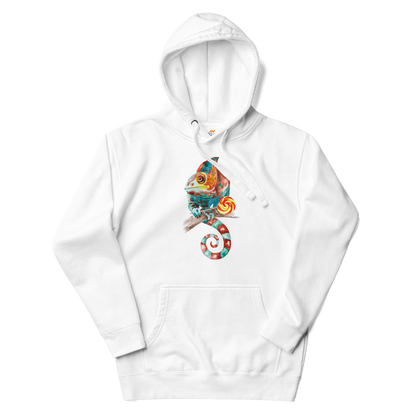White Premium Chameleon Hoodie featuring a vibrant Chameleon With A Lollipop graphic on the chest - Cool Graphic Chameleon Hoodies - Boozy Fox