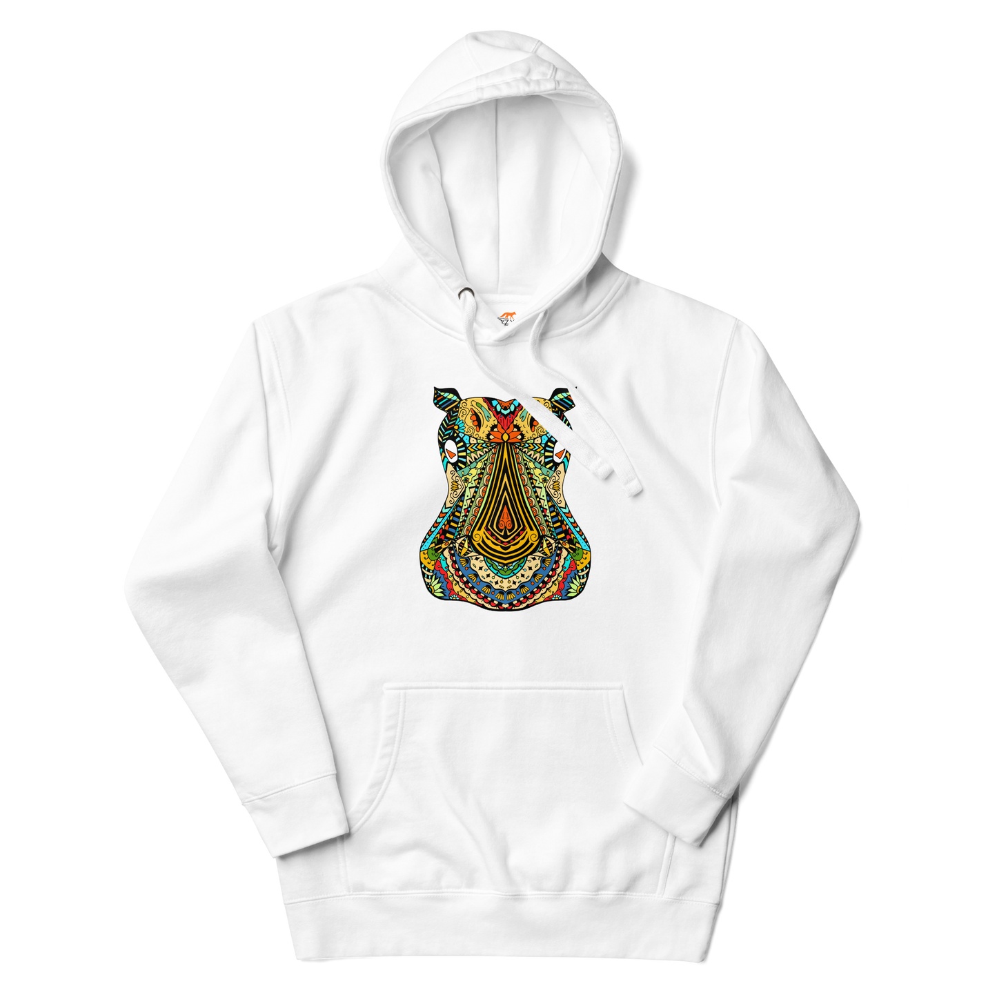 White Premium Hippo Hoodie featuring a vibrant Zentangle Hippo graphic on the chest - Cool Graphic Hippo Hoodies - Boozy Fox
