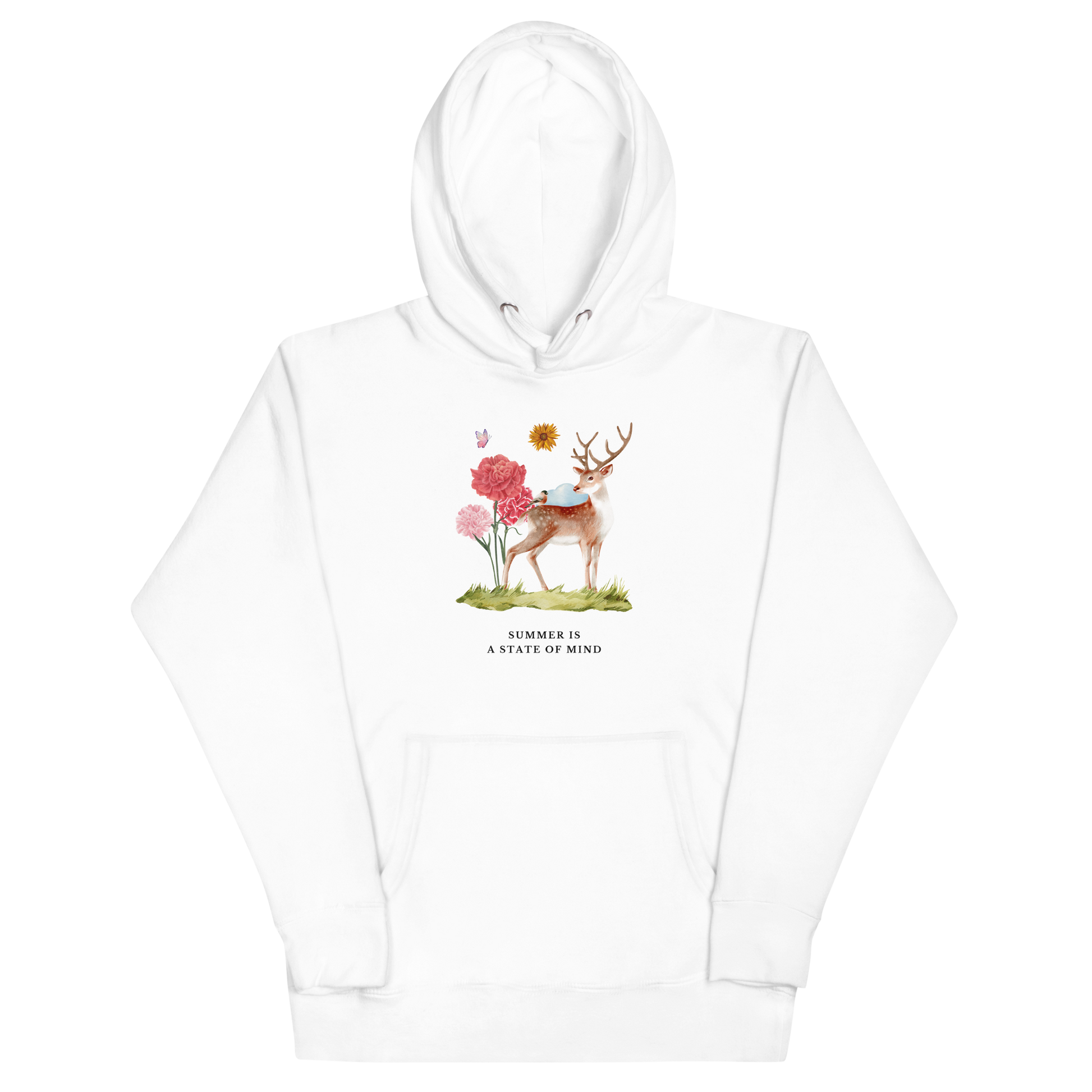 White Premium Summer Is a State of Mind Hoodie showcasing a Summer Is a State of Mind graphic on the chest - Cute Graphic Summer Hoodies - Boozy Fox