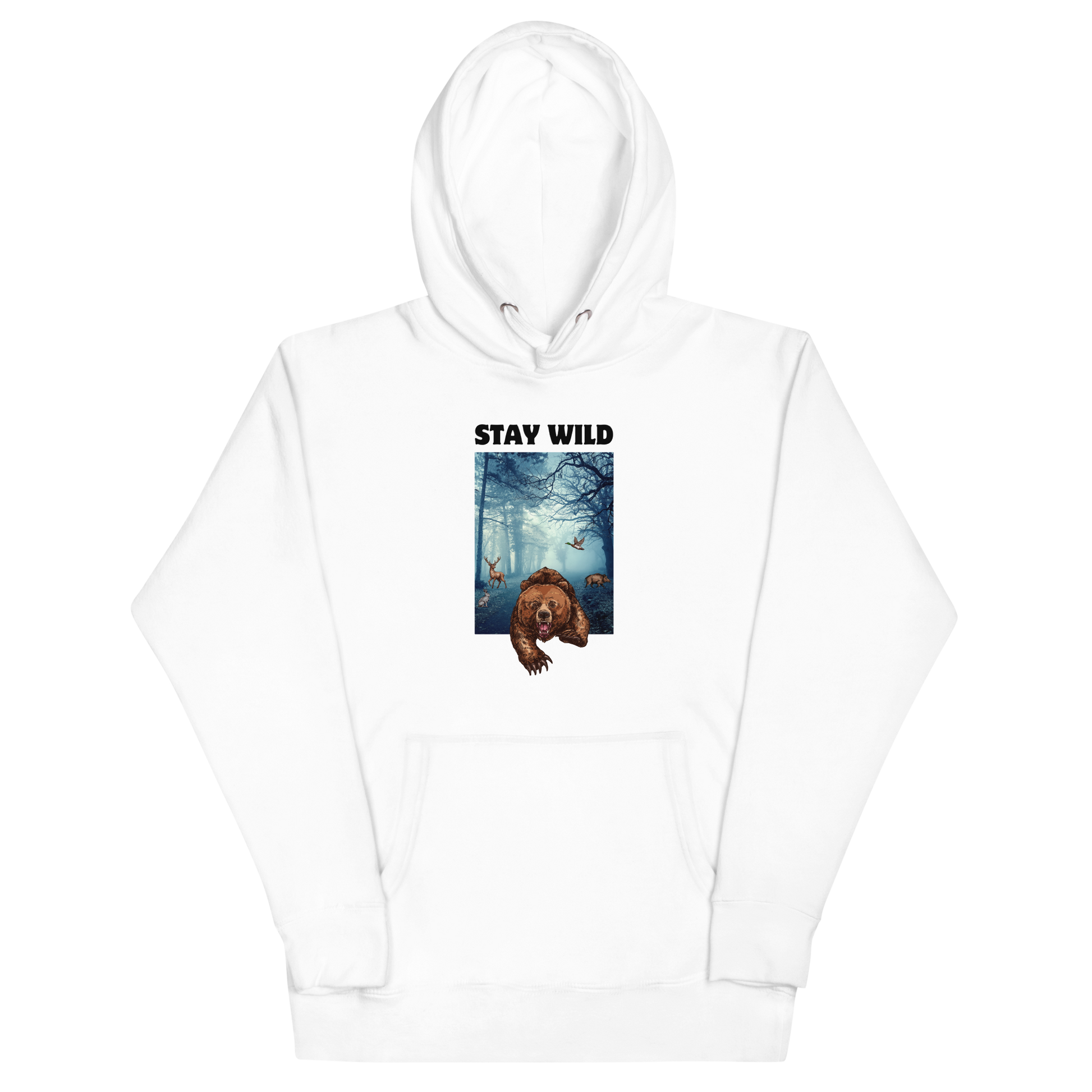 White Premium Bear Hoodie featuring a Stay Wild graphic on the chest - Cool Graphic Bear Hoodies - Boozy Fox