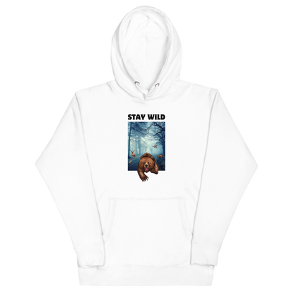 White Premium Bear Hoodie featuring a Stay Wild graphic on the chest - Cool Graphic Bear Hoodies - Boozy Fox