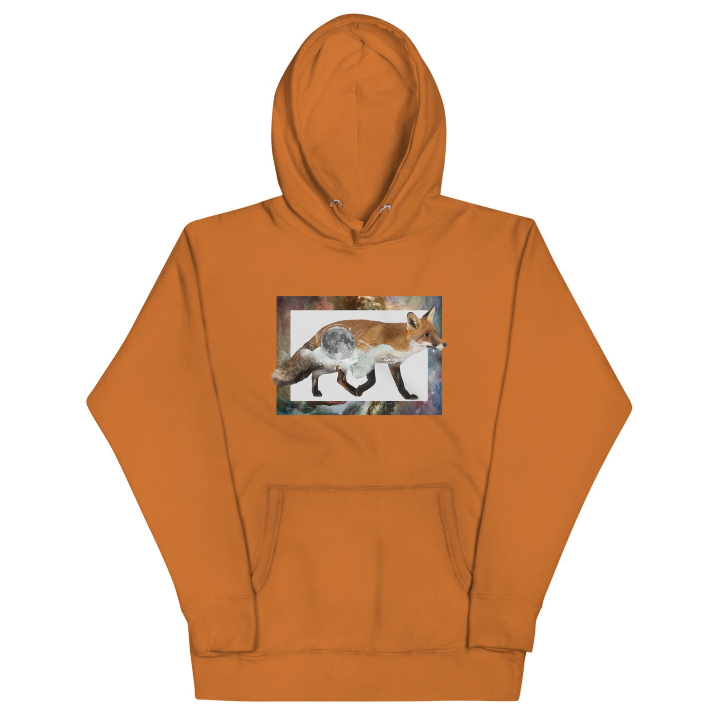 Funny Space Fox premium graphic hoodie in adobe orange by Boozy Fox