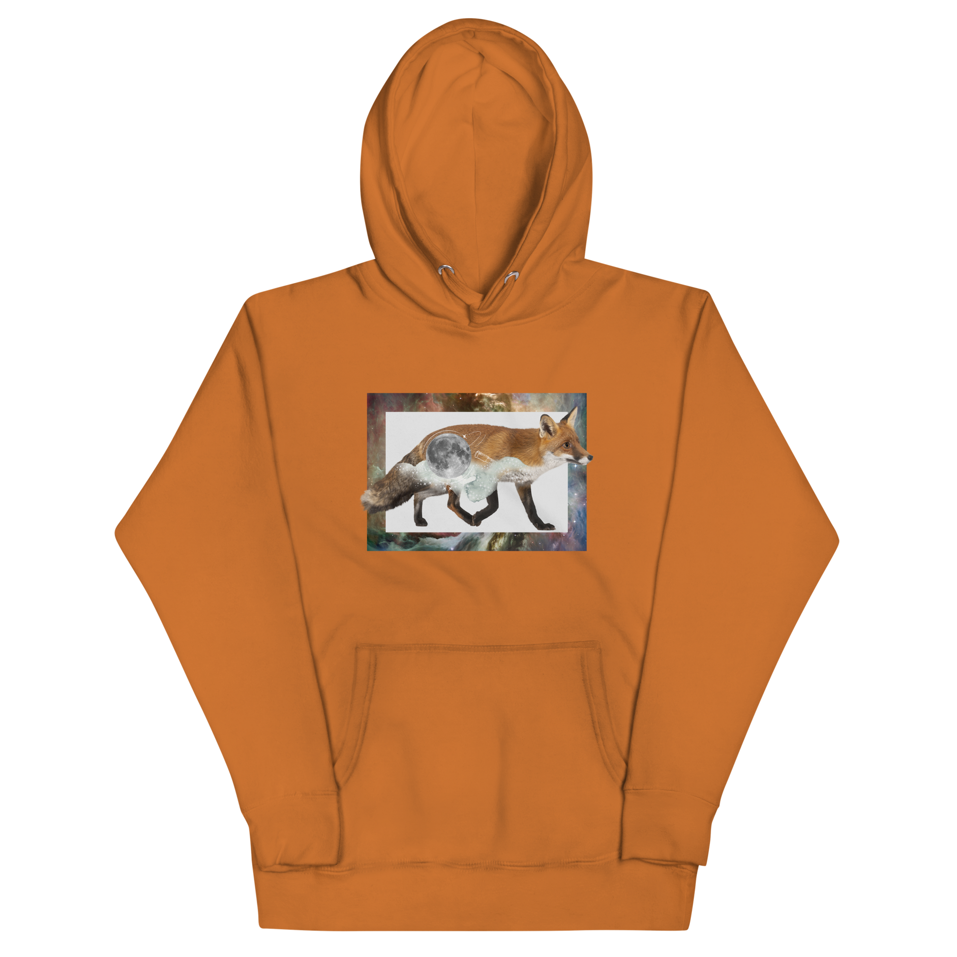 Funny Space Fox premium graphic hoodie in adobe orange by Boozy Fox