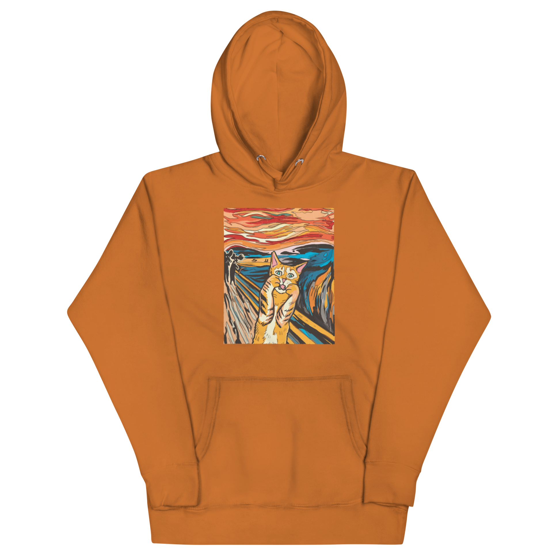 Funny The Screaming Cat parody premium graphic hoodie in adobe orange by Boozy Fox