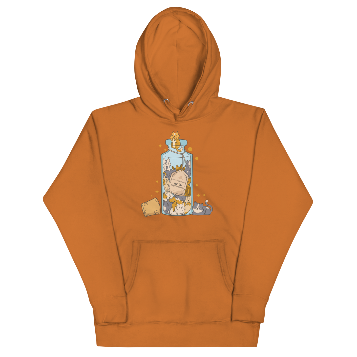 Funny Purrscription: Anti-depressants Cat premium graphic hoodie in adobe orange by Boozy Fox