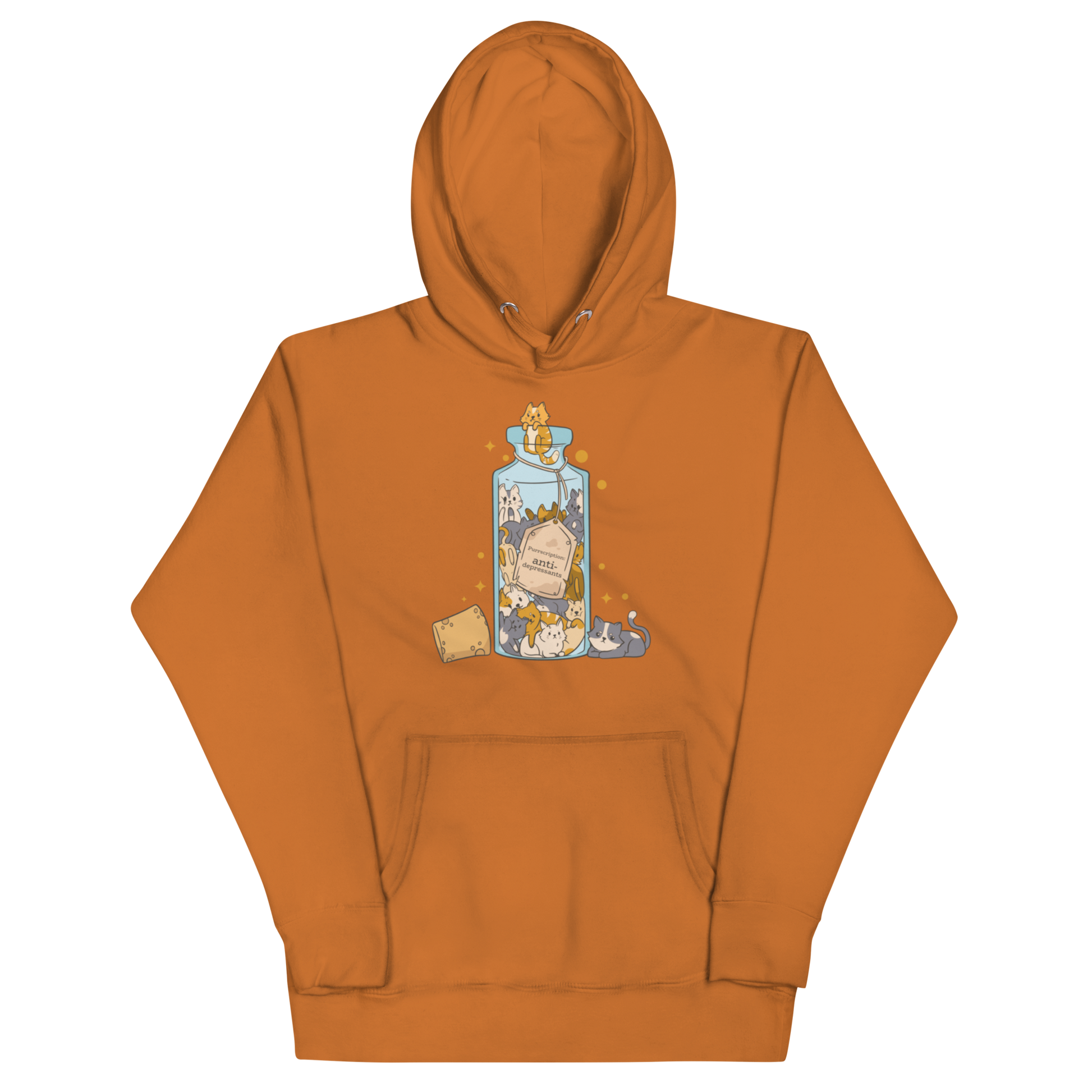 Funny Purrscription: Anti-depressants Cat premium graphic hoodie in adobe orange by Boozy Fox
